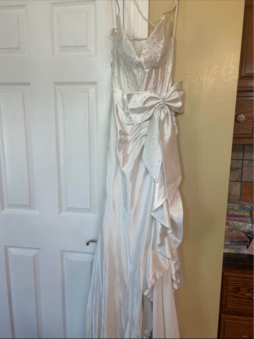 White Satin Evening Gown with Bow and Crystal Detail